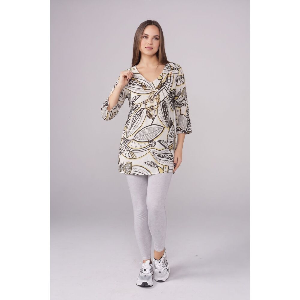 La Cera Embroidered Beaded Cotton Leaf Print Tunic Top Blouse Boho Womens Large